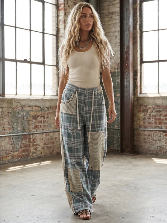 POL Pants - NWT POL Plaid 90’s Grunge Patchwork Crochet Wide Leg Pants Jeans Denim